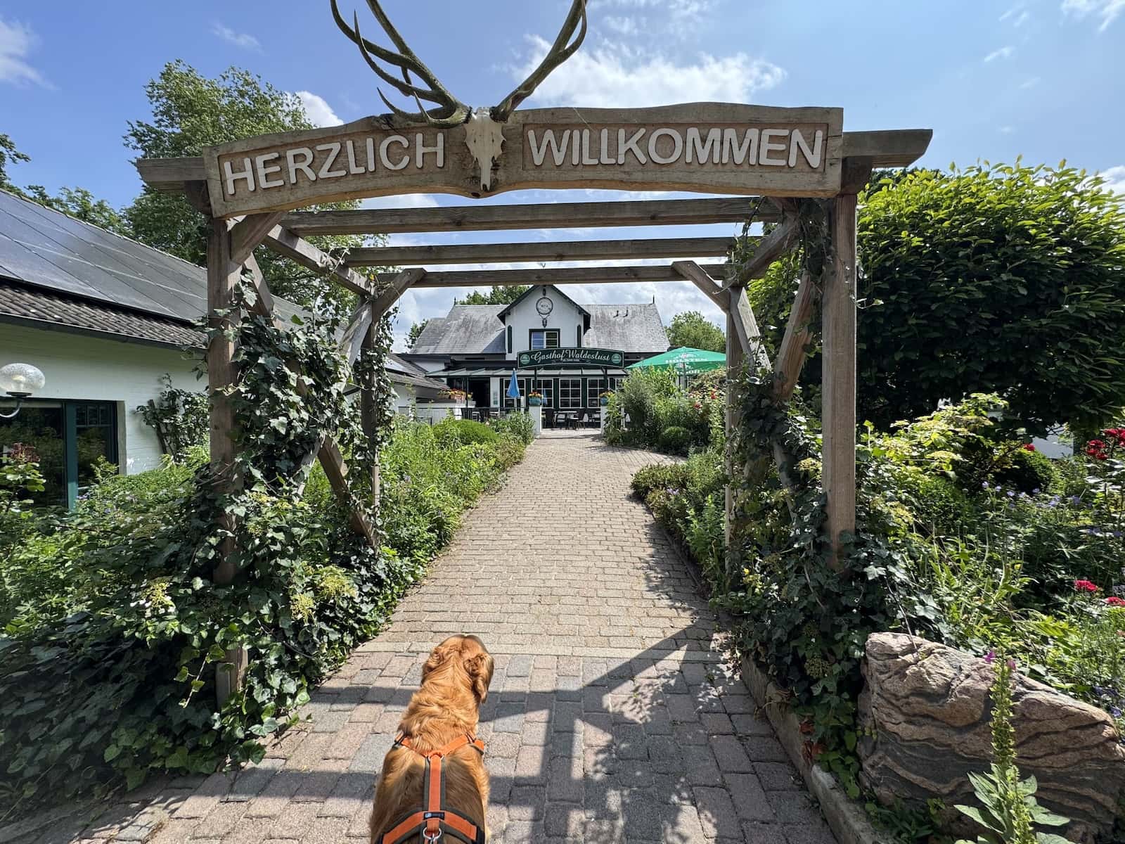 Eingang des Gasthofs Waldeslust in Schleswig-Holstein – Landvergnügen-Stellplatz mit Hund